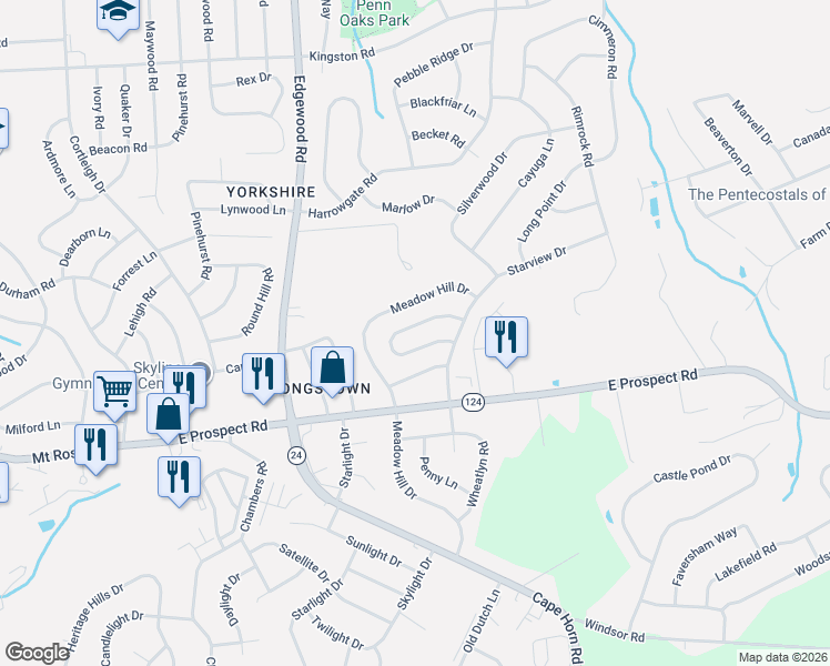 map of restaurants, bars, coffee shops, grocery stores, and more near 405 White Rose Lane in York