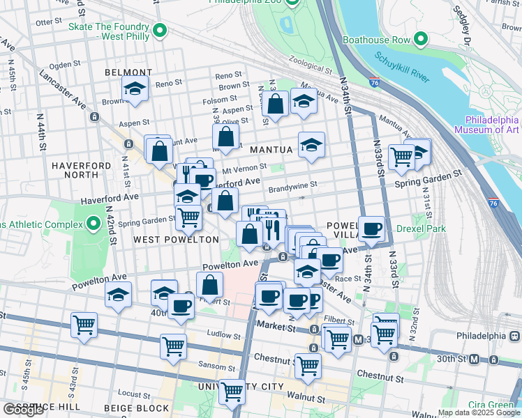 map of restaurants, bars, coffee shops, grocery stores, and more near 3827 Hamilton Street in Philadelphia