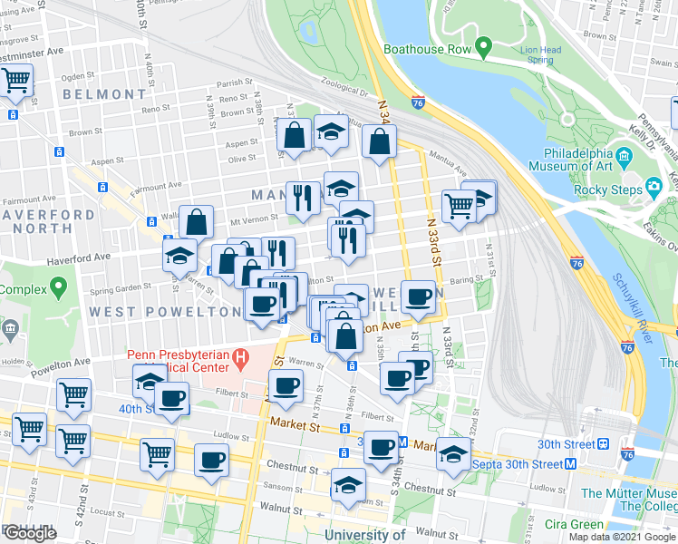 map of restaurants, bars, coffee shops, grocery stores, and more near 3603 Hamilton Street in Philadelphia