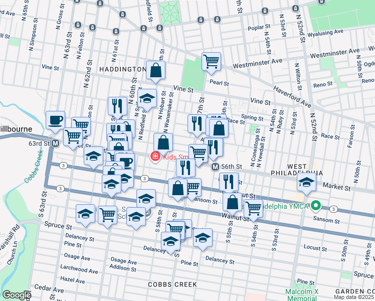 map of restaurants, bars, coffee shops, grocery stores, and more near 5707 Market Street in Philadelphia