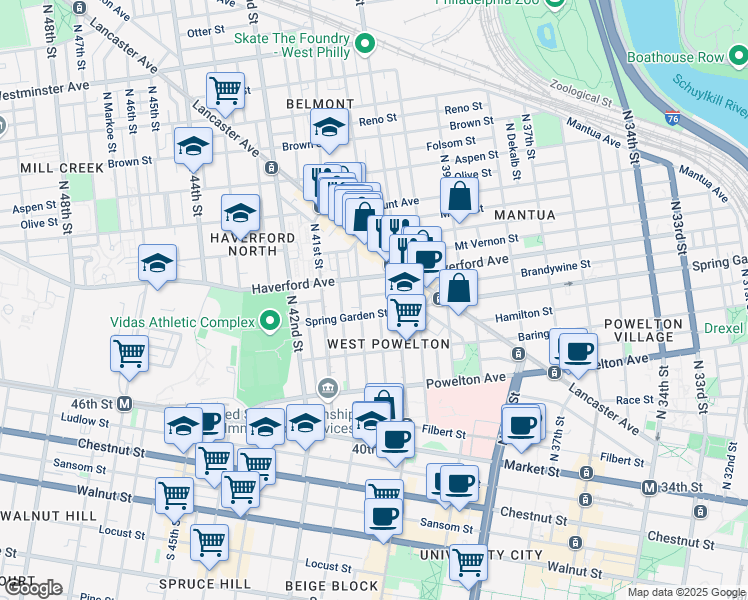 map of restaurants, bars, coffee shops, grocery stores, and more near 4030 Green Street in Philadelphia