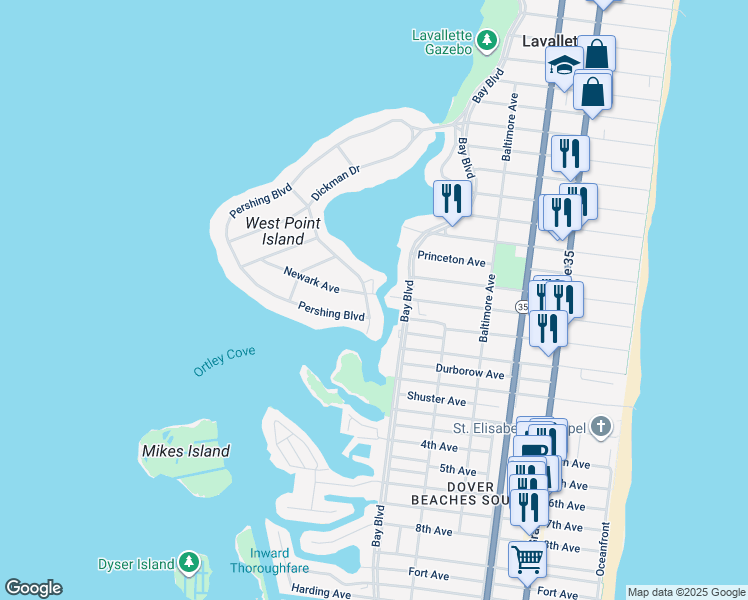 map of restaurants, bars, coffee shops, grocery stores, and more near 108 Dickman Drive in Lavallette