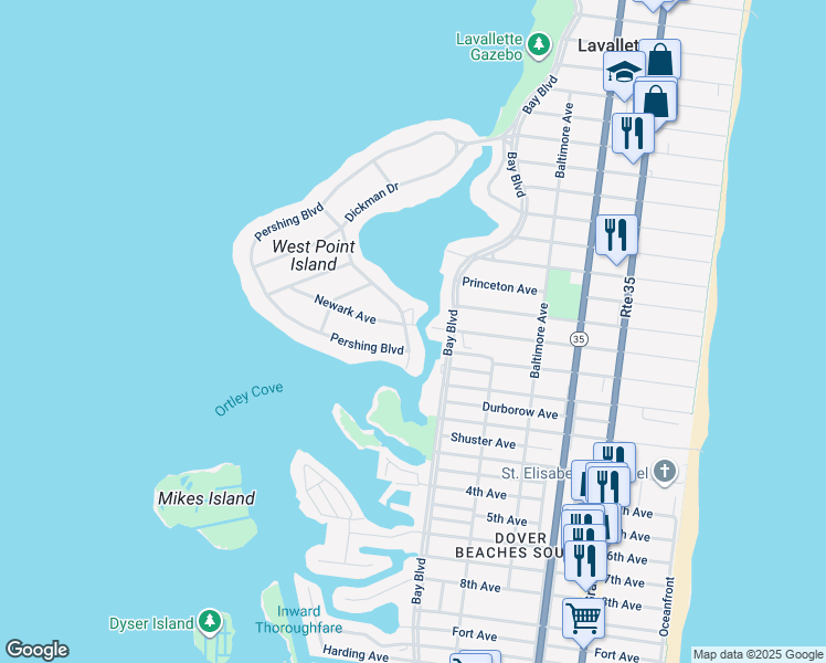 map of restaurants, bars, coffee shops, grocery stores, and more near 108 Dickman Drive in Lavallette