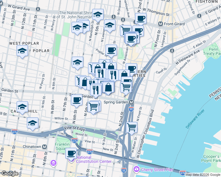 map of restaurants, bars, coffee shops, grocery stores, and more near 545 North Orianna Street in Philadelphia