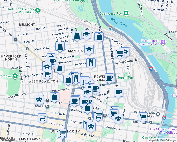 map of restaurants, bars, coffee shops, grocery stores, and more near 3603 Hamilton Street in Philadelphia