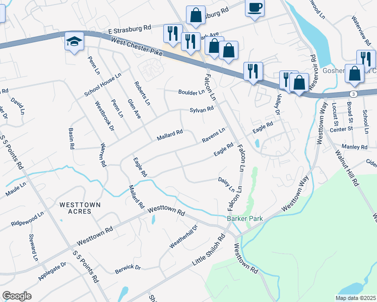 map of restaurants, bars, coffee shops, grocery stores, and more near 1254 Ravens Lane in West Chester