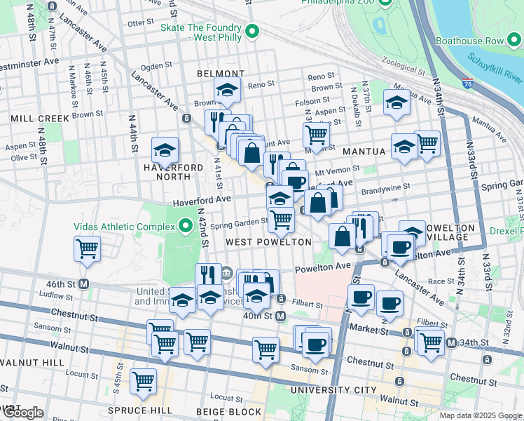 map of restaurants, bars, coffee shops, grocery stores, and more near 4024 Green Street in Philadelphia