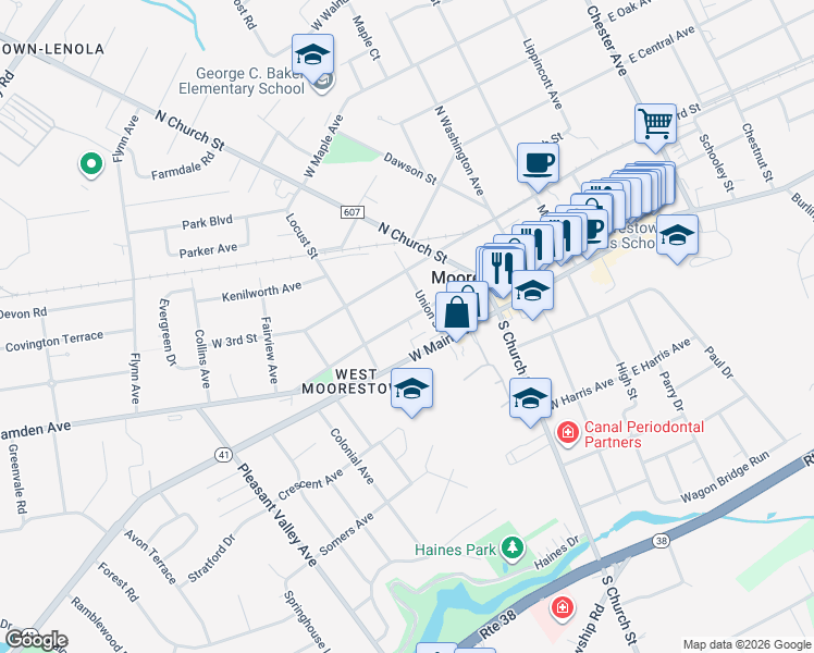 map of restaurants, bars, coffee shops, grocery stores, and more near 271 West Main Street in Moorestown