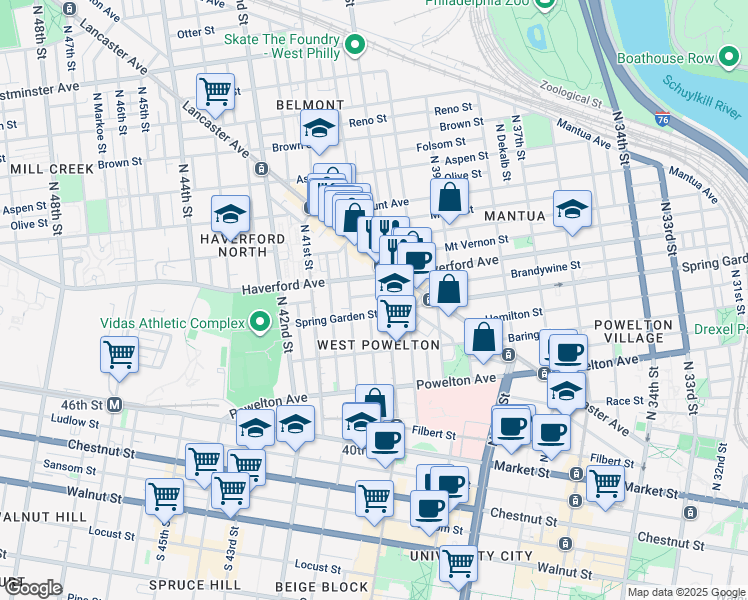 map of restaurants, bars, coffee shops, grocery stores, and more near 4016 Green Street in Philadelphia