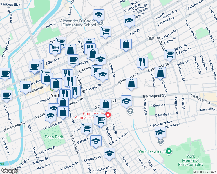 map of restaurants, bars, coffee shops, grocery stores, and more near 343 East Princess Street in York