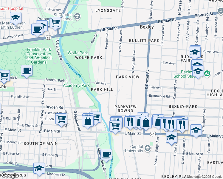 map of restaurants, bars, coffee shops, grocery stores, and more near 353 South Parkview Avenue in Columbus