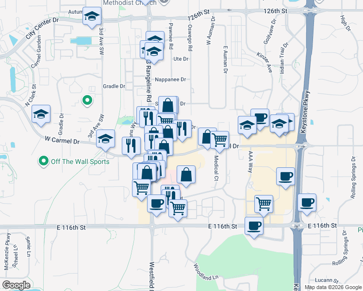 map of restaurants, bars, coffee shops, grocery stores, and more near 176 East Carmel Drive in Carmel