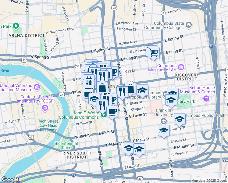 map of restaurants, bars, coffee shops, grocery stores, and more near 34 U.S. 62 in Columbus