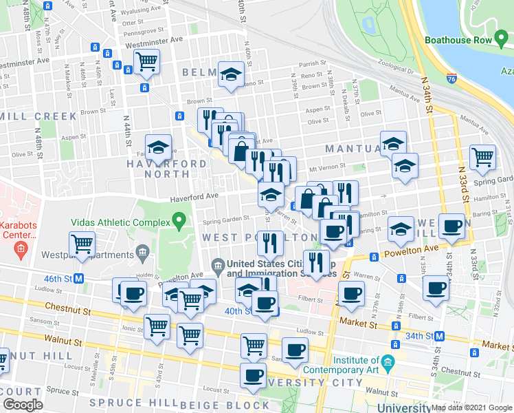map of restaurants, bars, coffee shops, grocery stores, and more near 4016 Green Street in Philadelphia