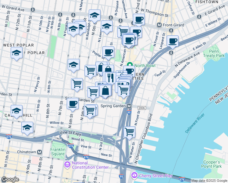 map of restaurants, bars, coffee shops, grocery stores, and more near 234 Fairmount Avenue in Philadelphia