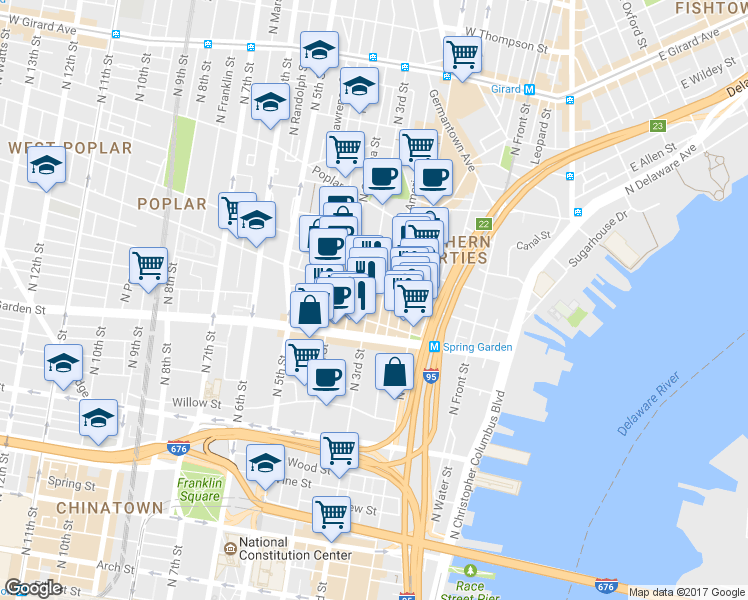 map of restaurants, bars, coffee shops, grocery stores, and more near 631 North 3rd Street in Philadelphia