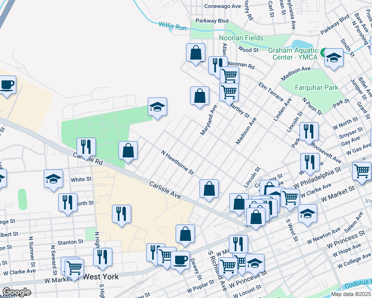 map of restaurants, bars, coffee shops, grocery stores, and more near 703 Maryland Avenue in York