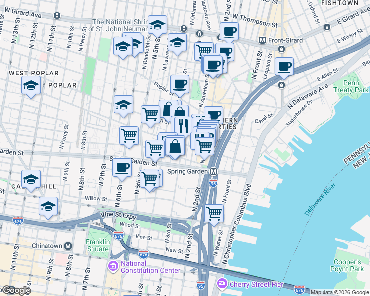 map of restaurants, bars, coffee shops, grocery stores, and more near 604 North American Street in Philadelphia