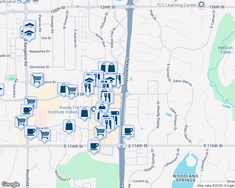 map of restaurants, bars, coffee shops, grocery stores, and more near 900 East Carmel Drive in Carmel