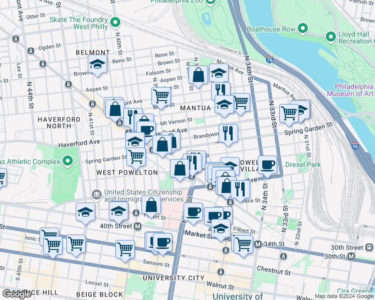 map of restaurants, bars, coffee shops, grocery stores, and more near 3808 Spring Garden Street in Philadelphia