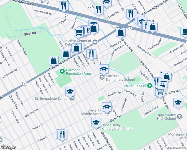 map of restaurants, bars, coffee shops, grocery stores, and more near 1106 Harding Drive in Havertown