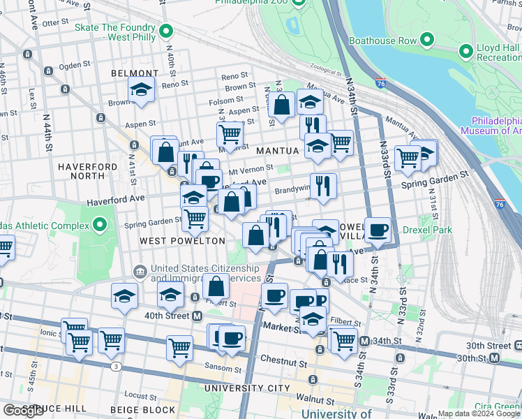 map of restaurants, bars, coffee shops, grocery stores, and more near 3816 Spring Garden Street in Philadelphia