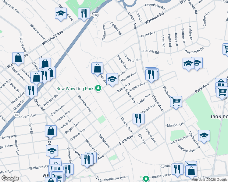 map of restaurants, bars, coffee shops, grocery stores, and more near 7201 Irving Avenue in Pennsauken Township