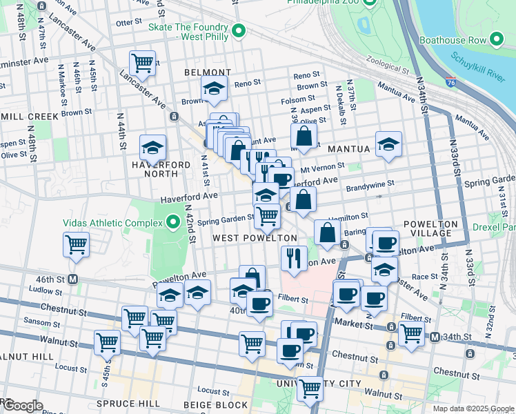 map of restaurants, bars, coffee shops, grocery stores, and more near 516 North 40th Street in Philadelphia