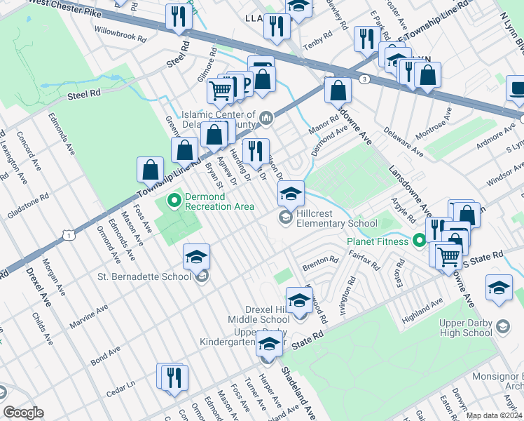 map of restaurants, bars, coffee shops, grocery stores, and more near 1106 Harding Drive in Havertown
