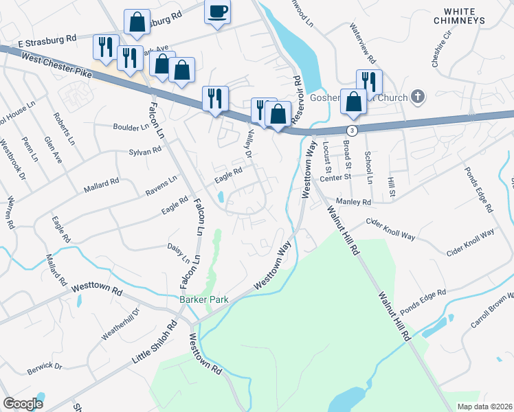 map of restaurants, bars, coffee shops, grocery stores, and more near 1510 Valley Drive in West Chester