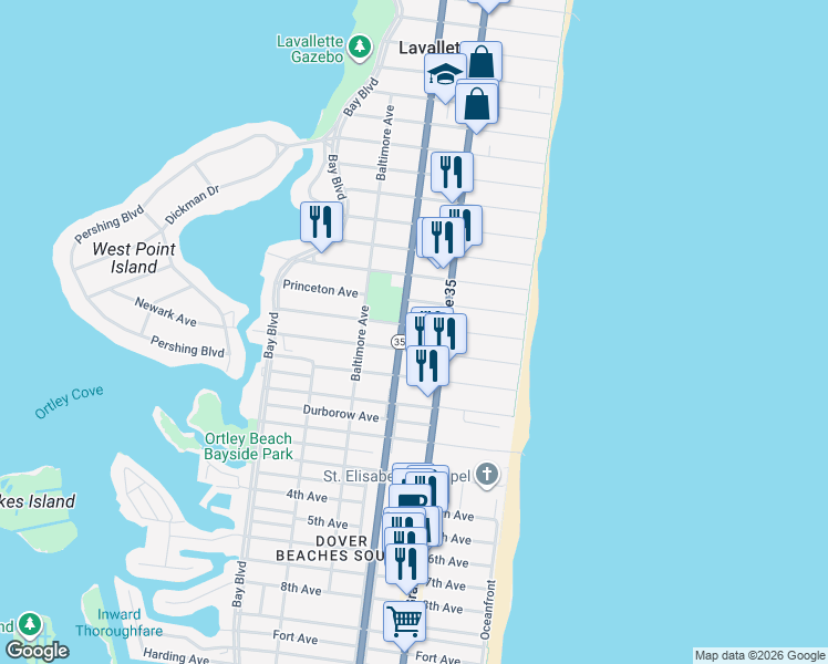 map of restaurants, bars, coffee shops, grocery stores, and more near 104 Newark Avenue in Lavallette