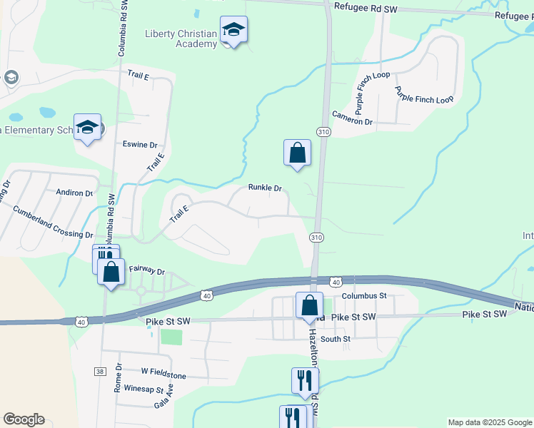 map of restaurants, bars, coffee shops, grocery stores, and more near 10 Spike Rush Court in Pataskala