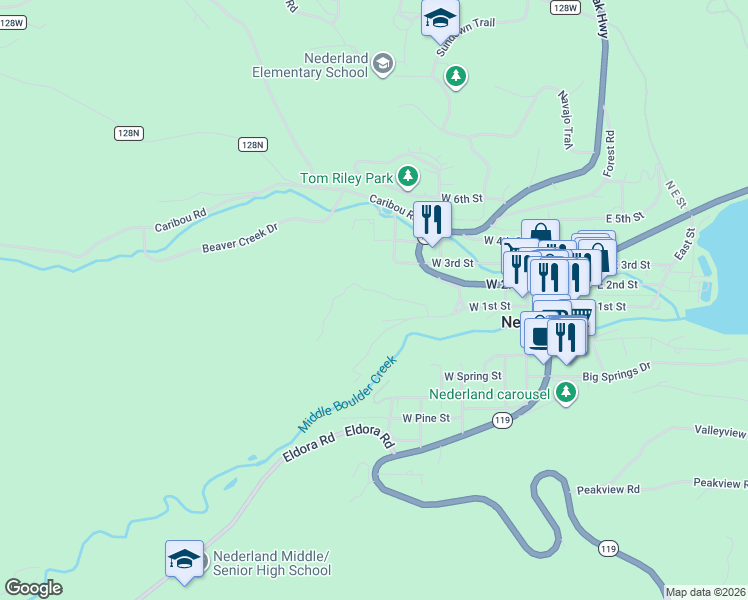 map of restaurants, bars, coffee shops, grocery stores, and more near 787 West 1st Street in Nederland