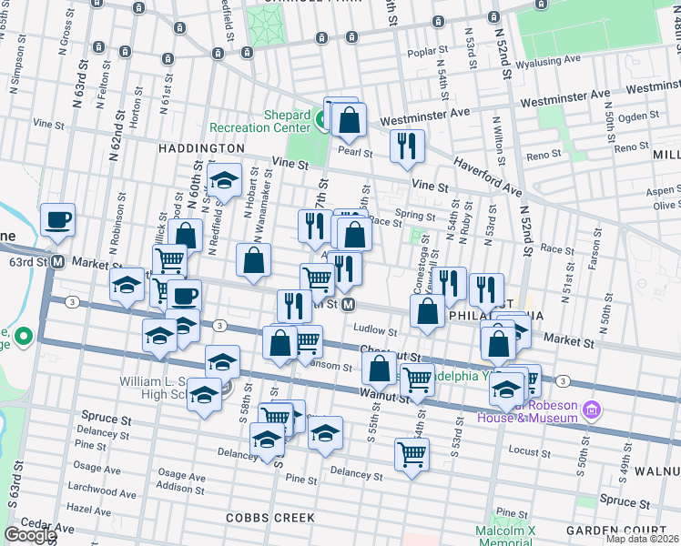 map of restaurants, bars, coffee shops, grocery stores, and more near in Philadelphia