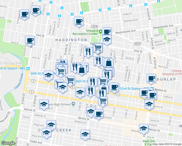 map of restaurants, bars, coffee shops, grocery stores, and more near 5731 Commerce Street in Philadelphia
