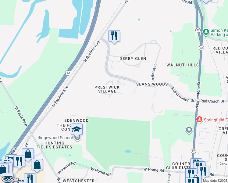 map of restaurants, bars, coffee shops, grocery stores, and more near 2643 Prestwick Village Circle in Springfield