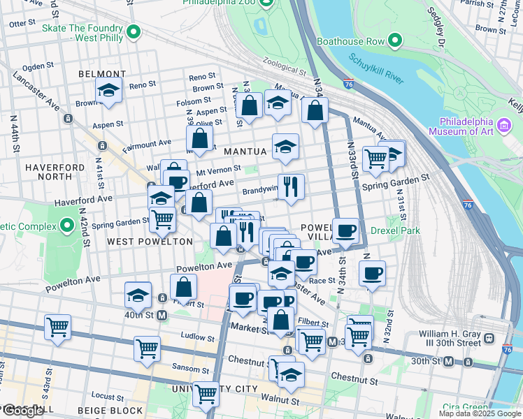 map of restaurants, bars, coffee shops, grocery stores, and more near 432 North 37th Street in Philadelphia