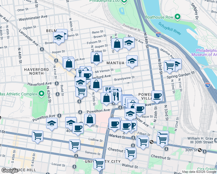 map of restaurants, bars, coffee shops, grocery stores, and more near 3816 Spring Garden Street in Philadelphia