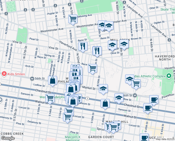 map of restaurants, bars, coffee shops, grocery stores, and more near 130 North 51st Street in Philadelphia