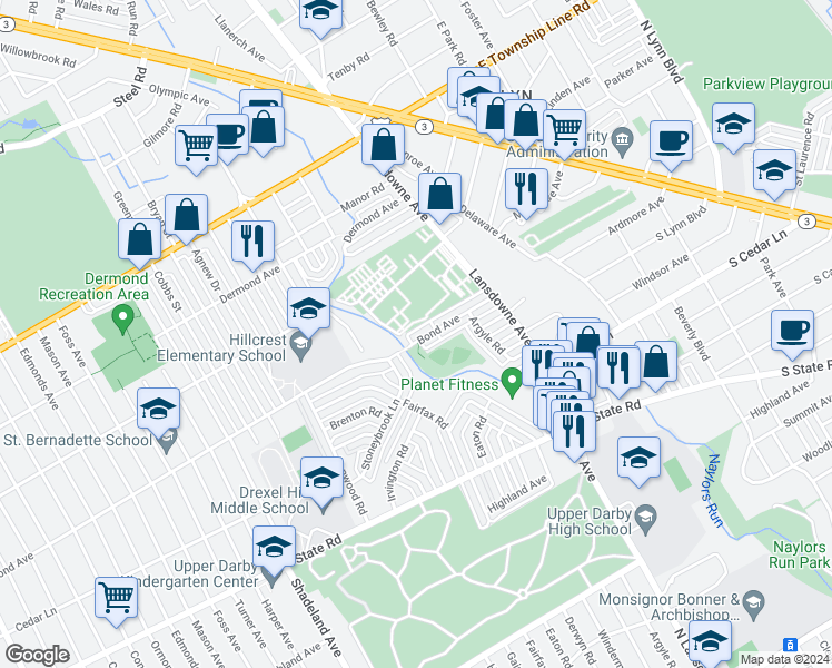 map of restaurants, bars, coffee shops, grocery stores, and more near 2361 Bond Avenue in Upper Darby