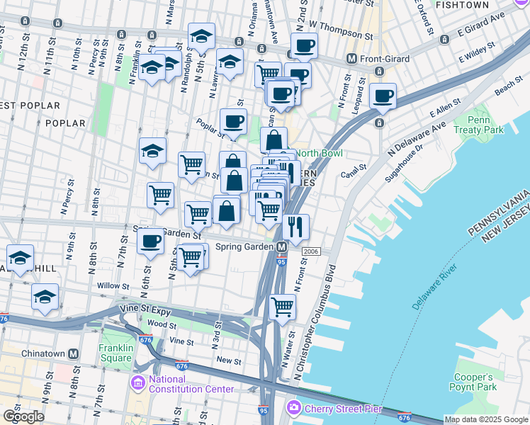 map of restaurants, bars, coffee shops, grocery stores, and more near 625 North 2nd Street in Philadelphia