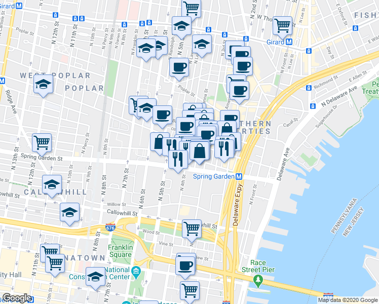map of restaurants, bars, coffee shops, grocery stores, and more near 545 North Orianna Street in Philadelphia
