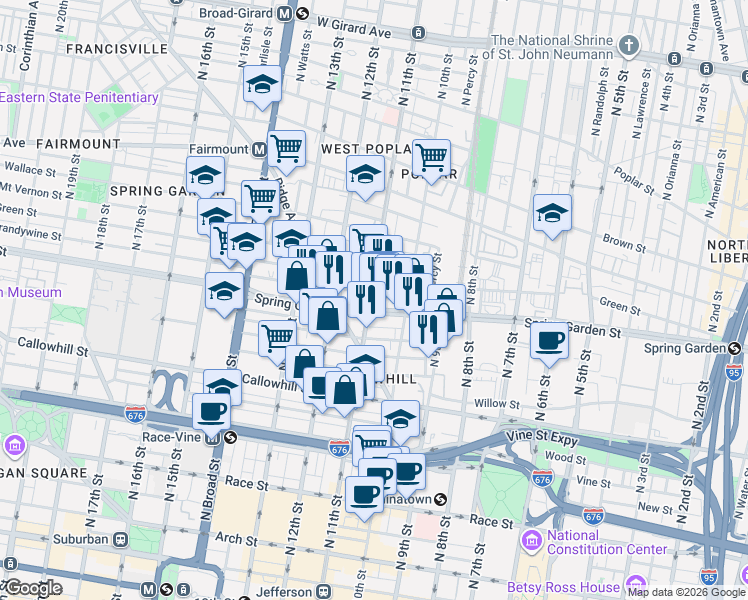 map of restaurants, bars, coffee shops, grocery stores, and more near 1034 Spring Garden Street in Philadelphia