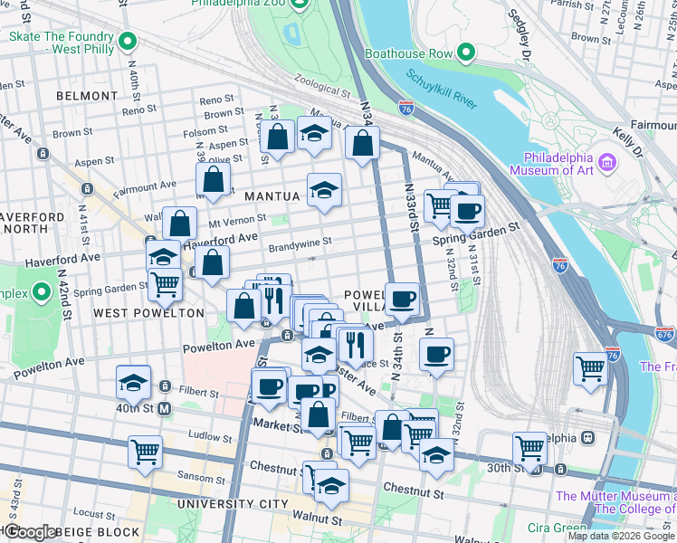 map of restaurants, bars, coffee shops, grocery stores, and more near 3509 Baring Street in Philadelphia