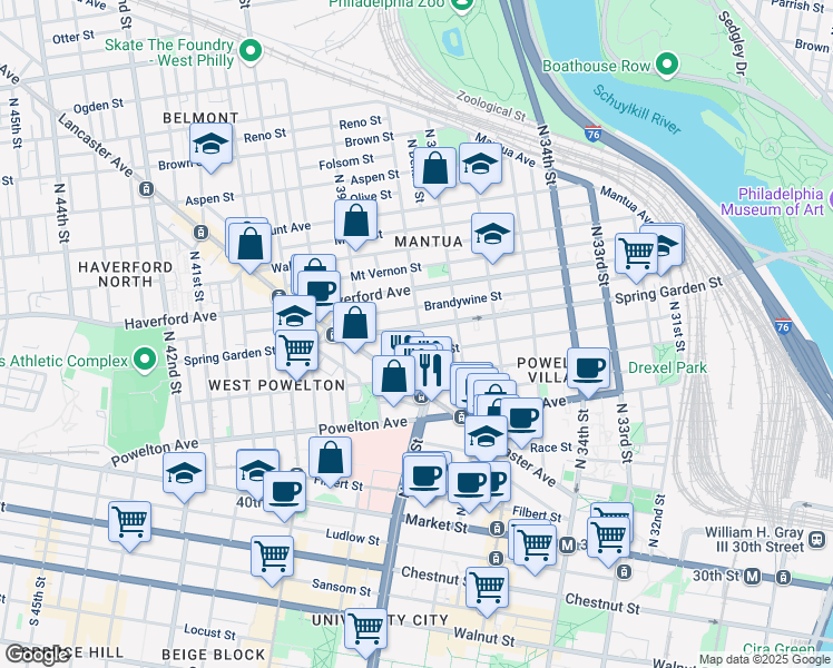 map of restaurants, bars, coffee shops, grocery stores, and more near 3827 Hamilton Street in Philadelphia