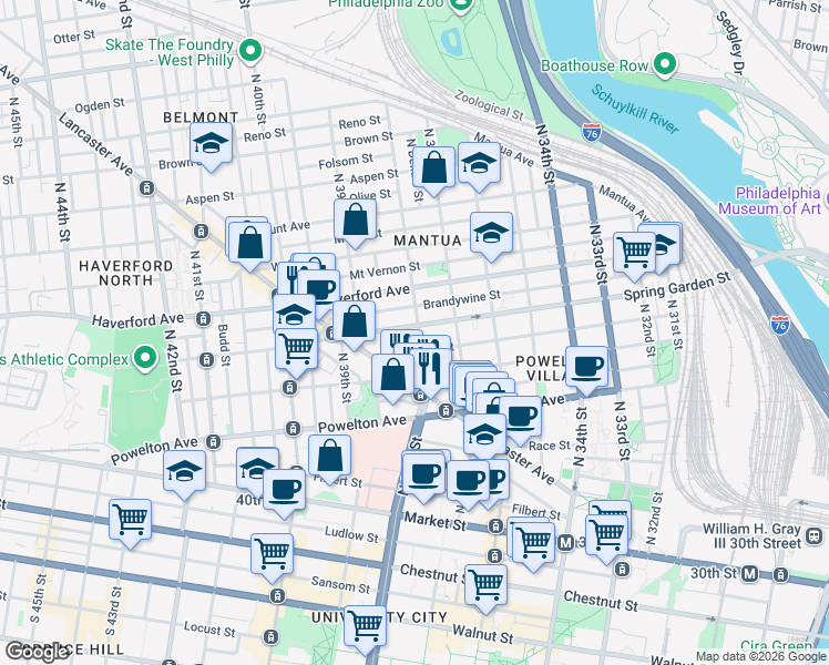 map of restaurants, bars, coffee shops, grocery stores, and more near 3802 Spring Garden Street in Philadelphia