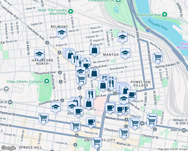 map of restaurants, bars, coffee shops, grocery stores, and more near in Philadelphia