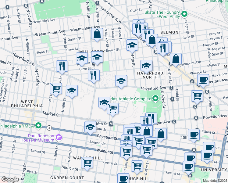 map of restaurants, bars, coffee shops, grocery stores, and more near 91 North 46th Street in Philadelphia