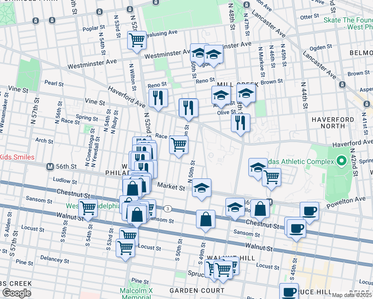 map of restaurants, bars, coffee shops, grocery stores, and more near 108 North 50th Street in Philadelphia