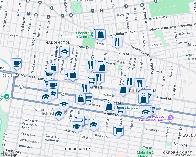 map of restaurants, bars, coffee shops, grocery stores, and more near in Philadelphia